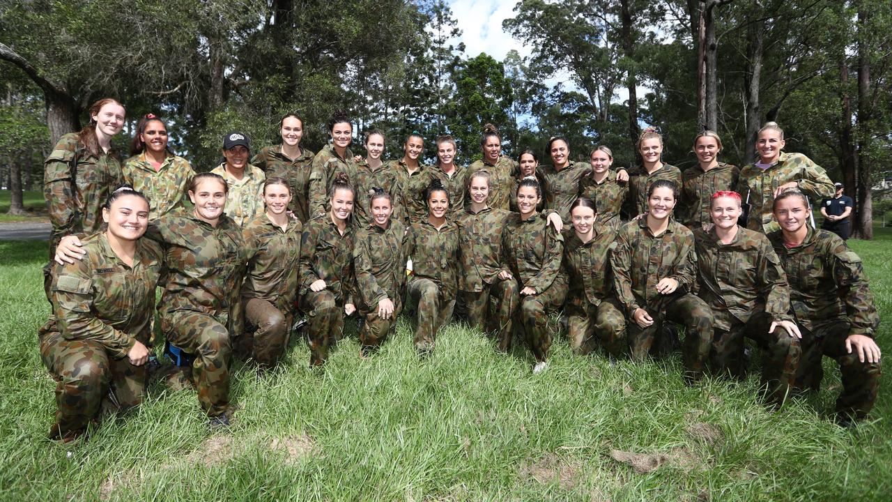 The Jillaroos in a boot camp earlier this year, where they trained under the theme “Get comfortable with being uncomfortable”. Picture: NRL Photos