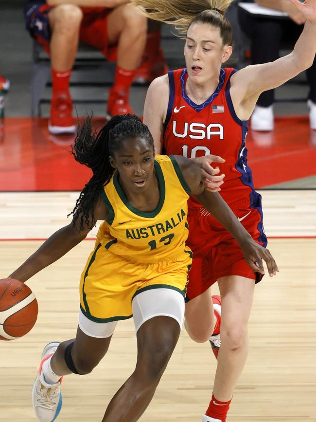 Ezi Magbegor drives to the basket against the United States in Las Vegas last year.