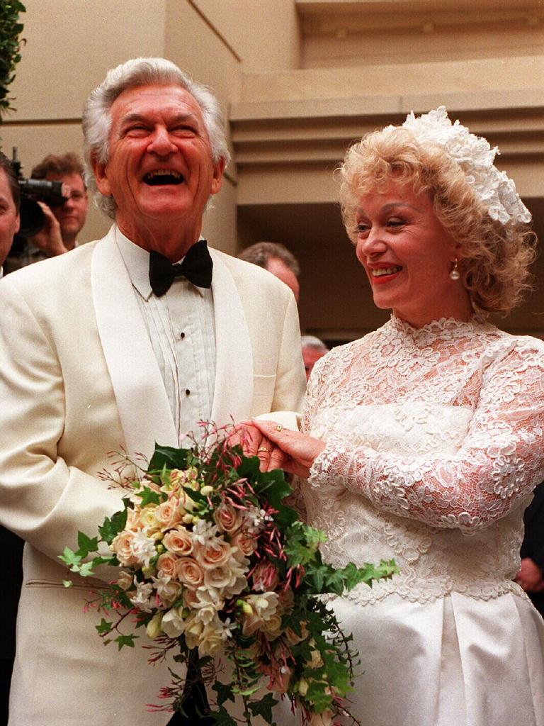 Former PM Bob Hawke and Blanche D'Alpuget after wedding in Sydney in 1995.