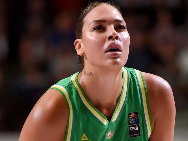 Australia's pivot Liz Cambage reacts during the FIBA Women's Olympic Qualifying Tournament basketball match between France and Australia, on February 6, 2020, at the Prado stadium in Bourges, central France. (Photo by GUILLAUME SOUVANT / AFP)