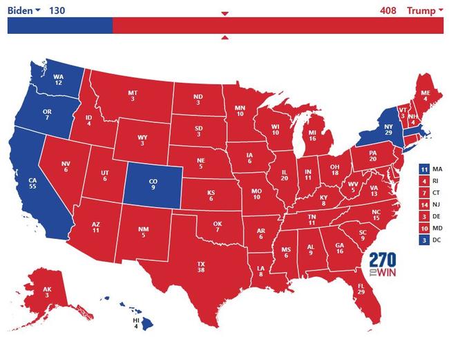 How the electoral map could look on election night, according to Hawkfish’s scenario. Picture: 270toWin