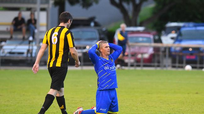 Gympie United Gladiators vs Tallebudgera Valley Tigers – Adam Cross misses a goal by a whisker. Picture: Shane Zahner