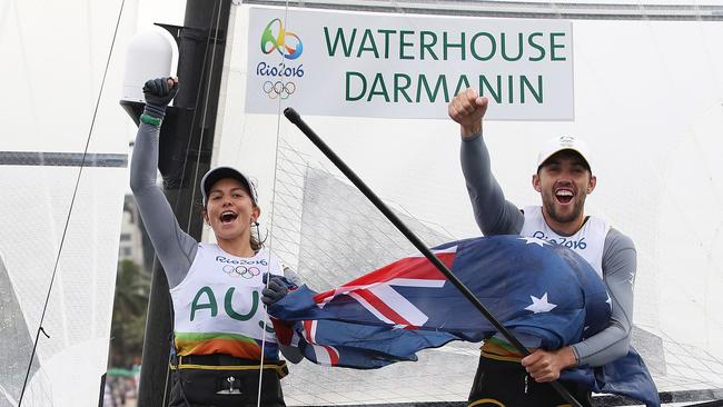 Australia’s Jason Waterhouse and Lisa Darmanin win the silver medal in the Nacra 17 mixed class.