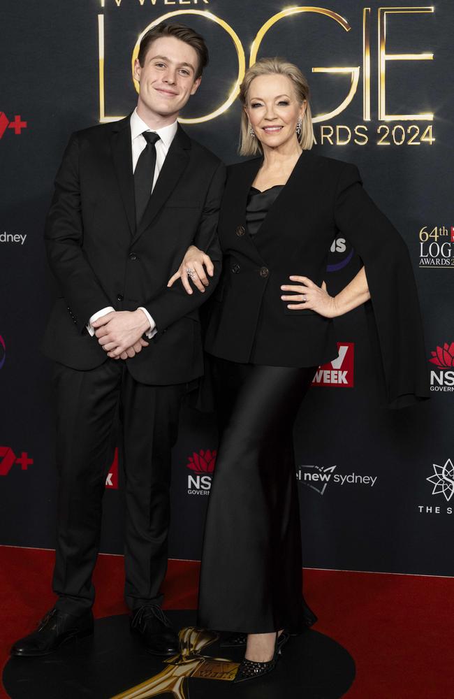 Rebecca Gibney with son Zac Bell, who inducted her into the Logies Hall of Fame. Picture: NewsWire/ Monique Harmer