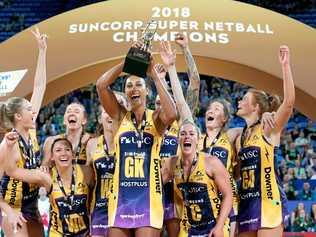 Lightning players celebrate winning the Super Netball Grand Final between the West Coast Fever and the Sunshine Coast Lightning at Perth Arena in Perth. Picture: RICHARD WAINWRIGHT