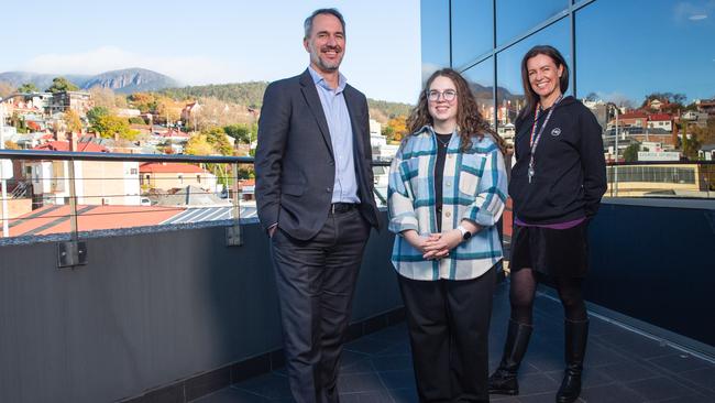 MyState CEO Brett Morgan, Morgan Rowbottom and Home Base CEO Dianne Underwood. Young Tasmanians rely on Buy Now, Pay Later scheme to sustain lifestyles new MyState/Home Base Tasmanian financial wellbeing report says. Picture: Linda Higginson
