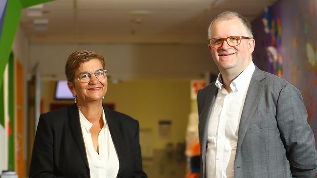 A new PhD pathway from Barwon Health and Deakin University will aim to improve the health outcomes for Geelong residents. Barwon Health chief executive Frances Diver and Deakin University vice chancellor Iain Martin pictured. Picture: Alison Wynd