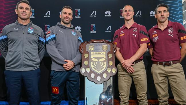 ADELAIDE, AUSTRALIA - NewsWire Photos May 30, 2023: NRL State of Origin joint captain/coach appearance - NSW Blues coach Brad Fittler and captain James Tedesco with QLD Maroons captain Daly Cherry-Evans and coach Billy Slater in Rundle Mall. Picture: NCA NewsWire / Naomi Jellicoe