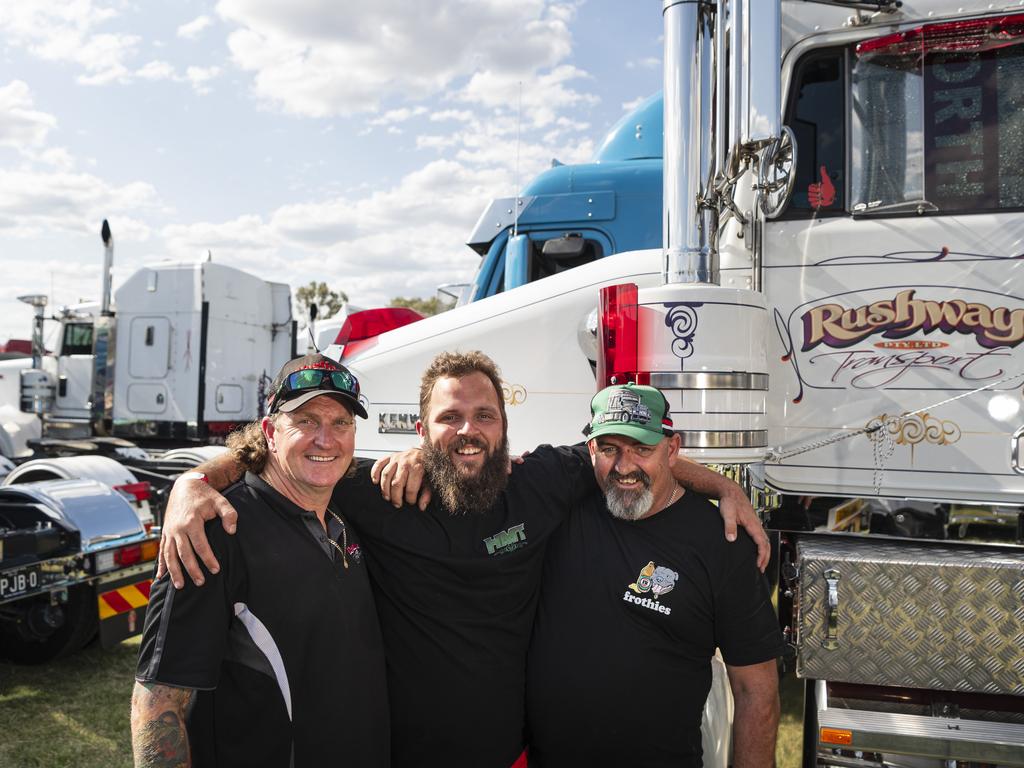 At Lights on the Hill Trucking Memorial are (from left) Travis Williamson, Darren Walters, and Mick Loy at Gatton Showgrounds, Saturday, October 5, 2024. Picture: Kevin Farmer