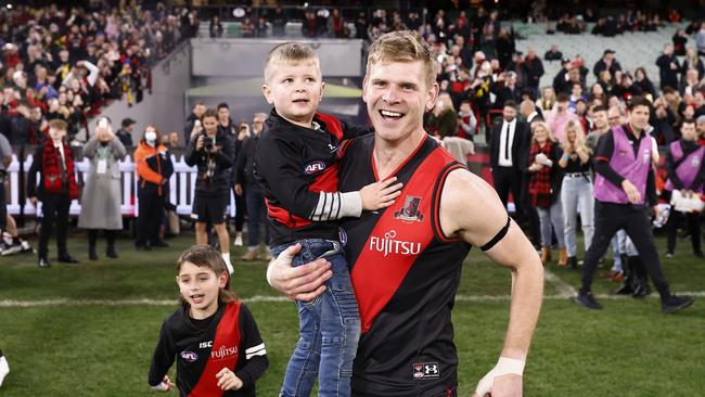 Michael Hurley runs out for the Bombers for the last time. Picture: Darrian Traynor/Getty Images