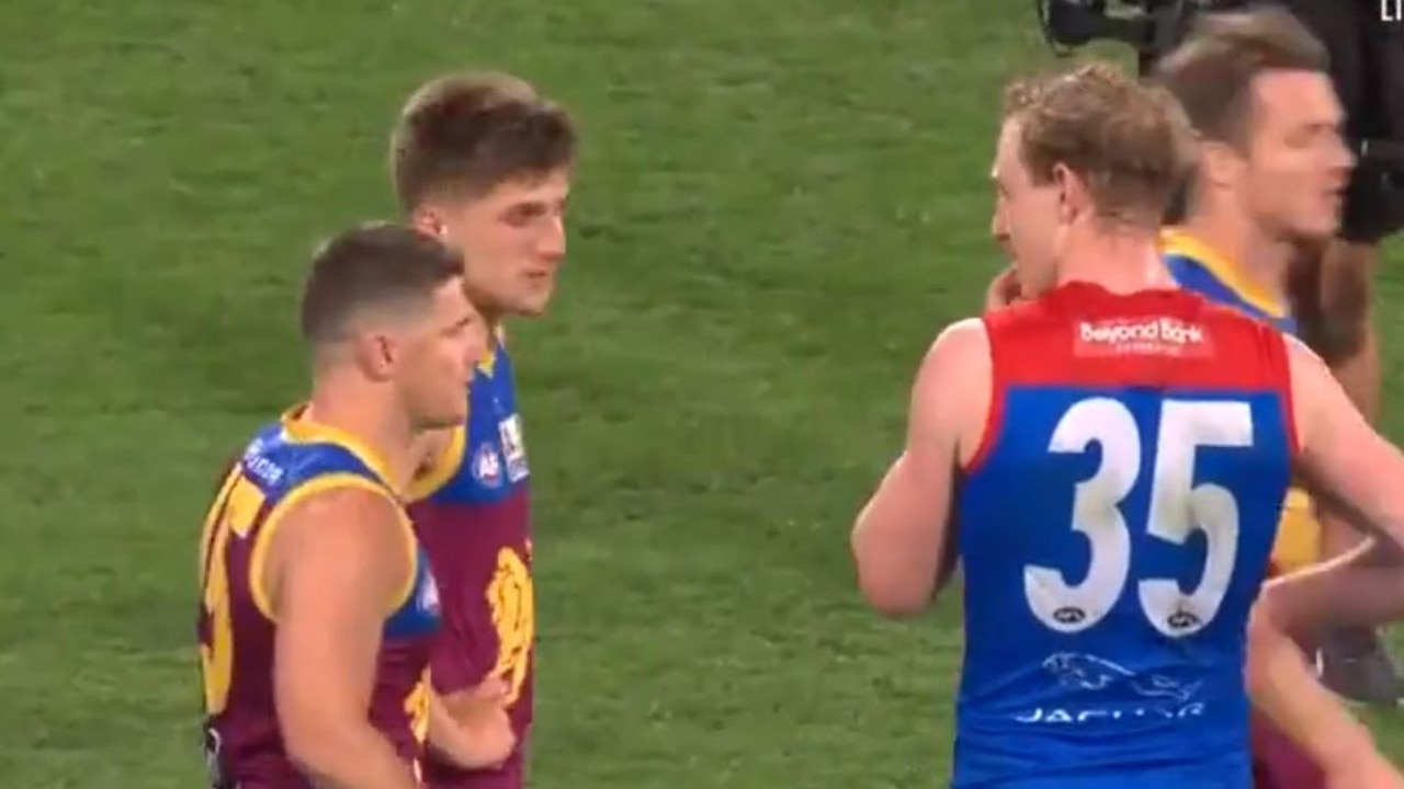 Harrison Petty seen upset after he was sledged by Lions Dayne Zorko. Screen grabs Channel 7