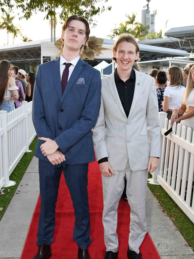 Connor Rodgers and Jarrett Morrison at the 2023 Caloundra State High School Year 12 formal. Picture: Patrick Woods.