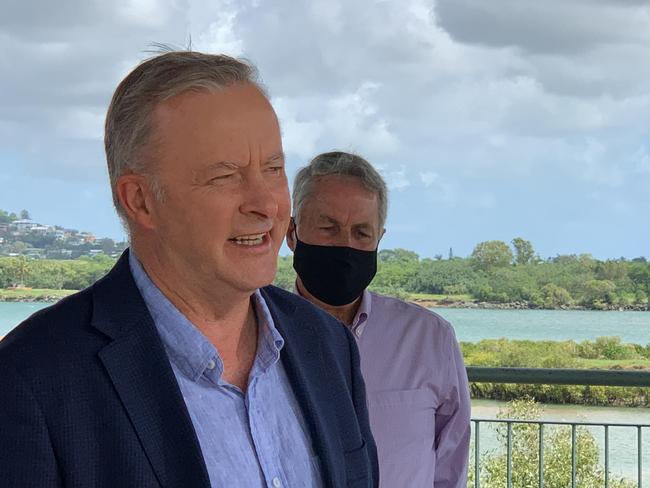 Opposition Leader Anthony Albanese in Mackay, with Mackay Mayor Greg Williamson behind, overlooking the Pioneer River. Picture: Janessa Ekert