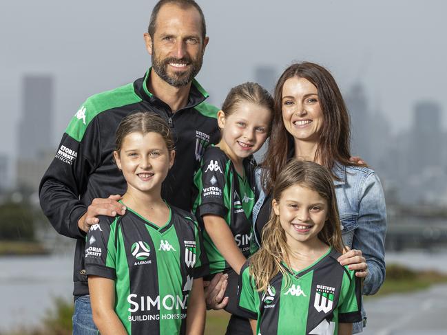MELBOURNE, AUSTRALIA - NCA NewsWire Photos January 29, 2020:   Western United defender Andrew Durante poses for a photograph with his wife Sarah, and daughters Adalyn 9 (L), Milana 7 (R) & Evita 6 in Maribyrnong, Melbourne, Victoria. Picture: NCA NewsWire / Daniel Pockett