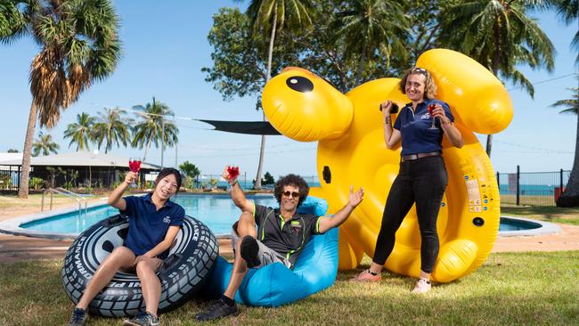 The Darwin Ski Club has carried out final preparations before their big reopening event tonight. Staff Beany Chang, Paul Gurr and Anais Herv<span id="U7015394112070hE" style="font-family:'Guardian Sans Semibold';font-weight:semi-bold;font-style:normal;">é</span> share a drink by the pool. Picture: Che Chorley