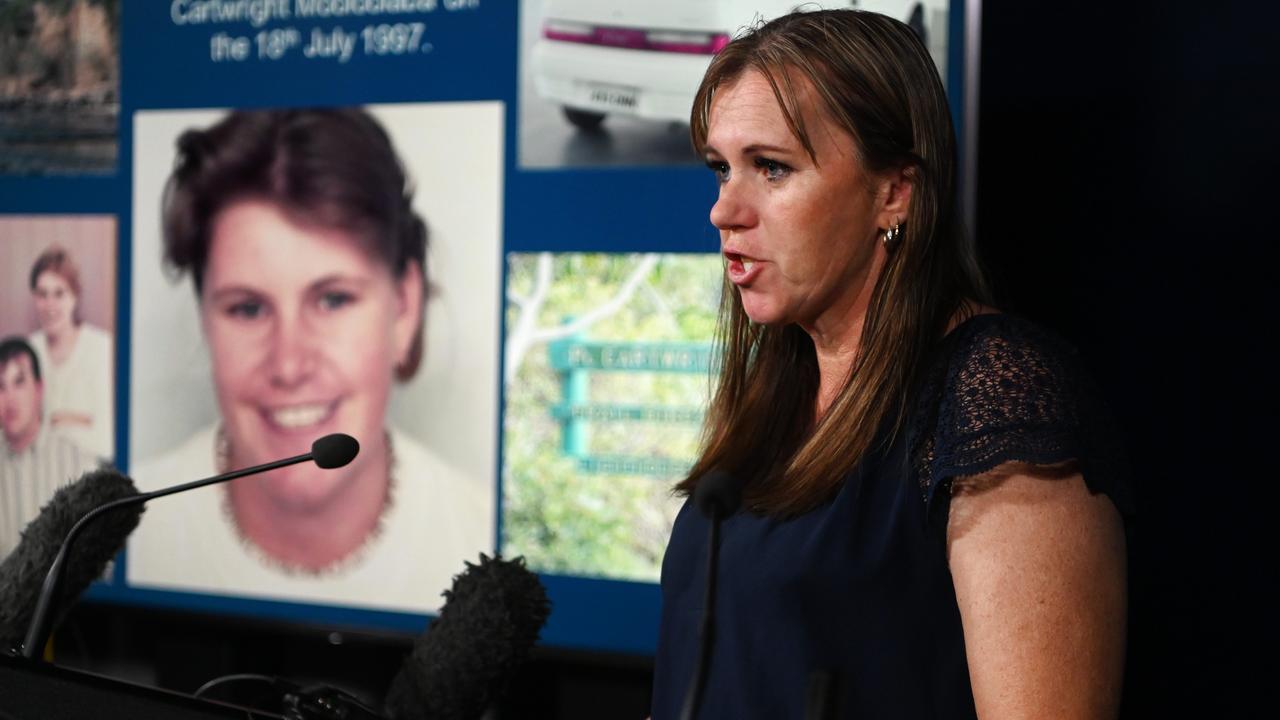 Fiona Ratcliffe at a police press conference announcing a $500,000 reward into information around the circumstances of her older sister’s death on the Sunshine Coast in 1997. Picture: Dan Peled / NCA NewsWire