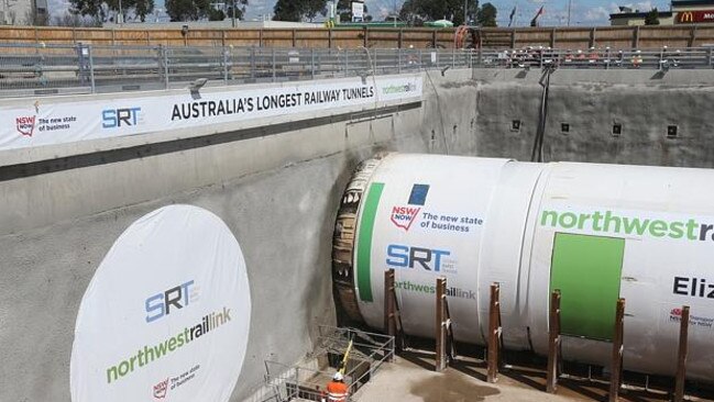 One of the giant machines boring a rail tunnel from Sydney’s Bella Vista to Cherrybrook.