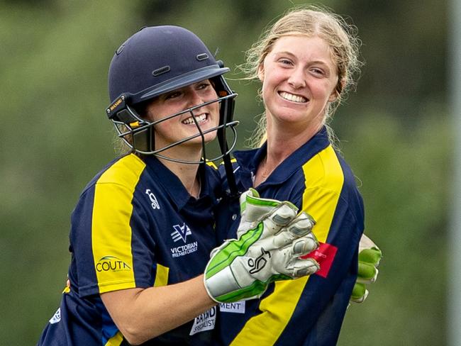 Sophie Day and Sophie Reid (wicketkeeper) celebrate a wicket at Plenty Valley. Picture: Arj Giese.