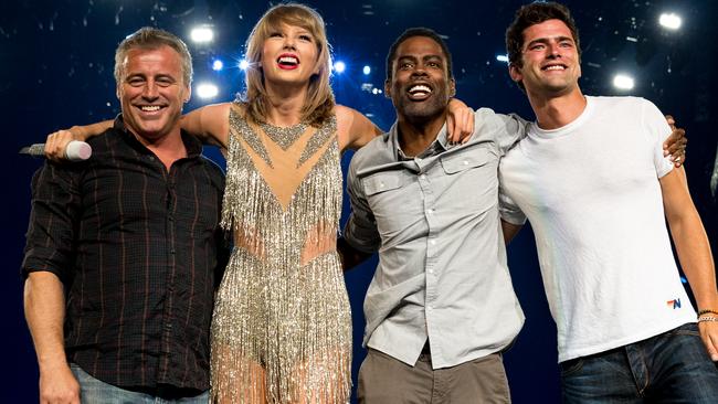 LOS ANGELES, CA - AUGUST 22: (L-R) Actor Matt Leblanc, singer-songwriter Taylor Swift, comedian Chris Rock and actor Sean O'Pry perform onstage during Taylor Swift The 1989 World Tour Live In Los Angeles at Staples Center on August 22, 2015 in Los Angeles, California. (Photo by Christopher Polk/Getty Images for TAS)