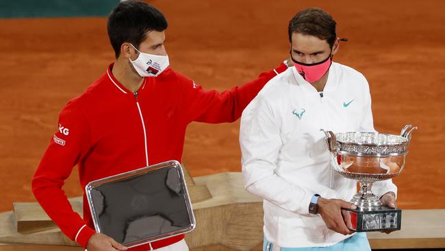 Novak Djokovic and Rafael Nadal with their trophies at 2020 French Open. Djokovic was runner up – Nadal won. Picture: Clive Brunskill/Getty