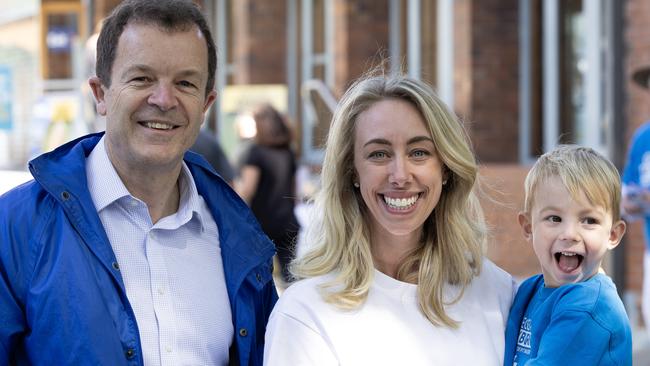 Mark Speakman with the Liberals’ Pittwater candidate Georgia Ryburn and her young son. Picture: Brendan Read