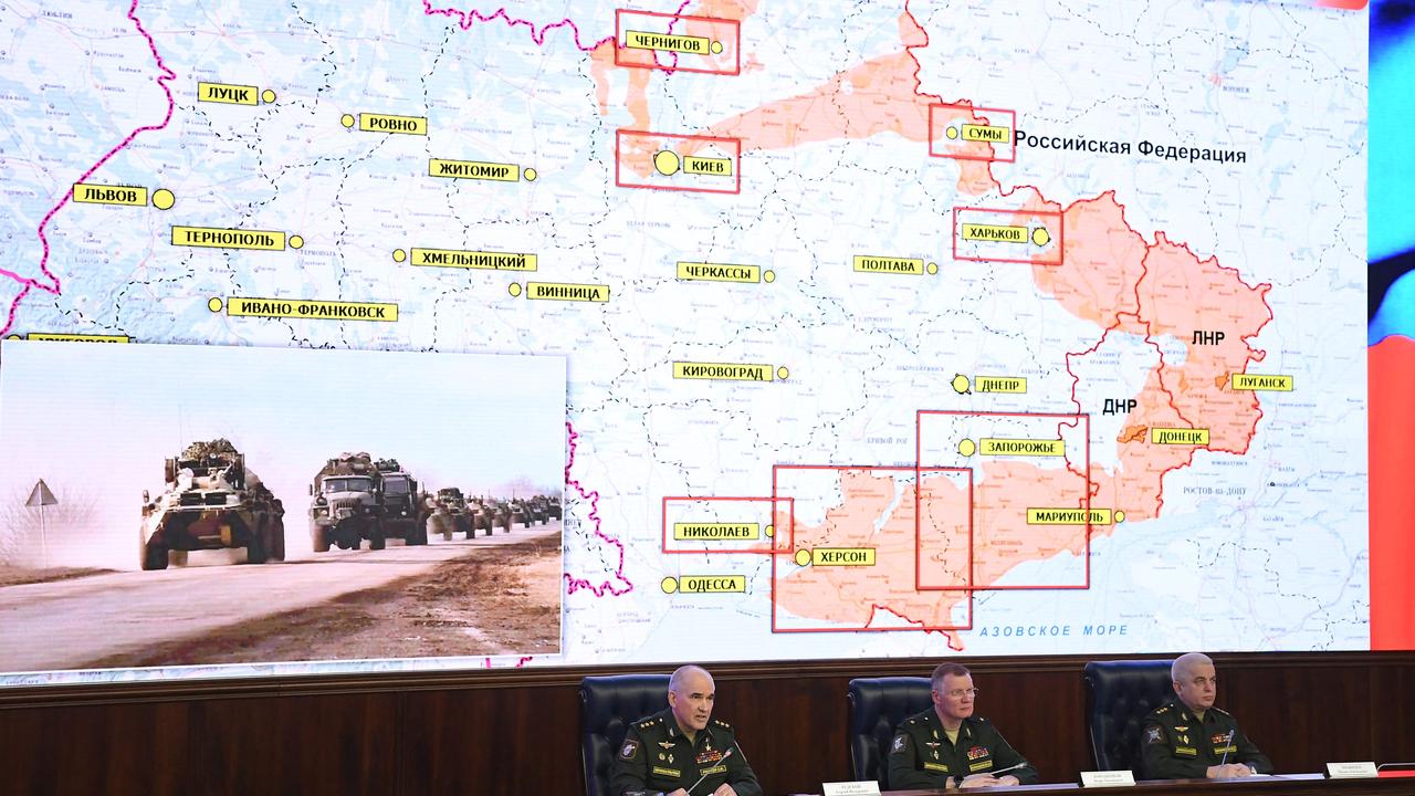 (L-R) Sergei Rudskoi, a senior representative of the General Staff, Defence Ministry spokesman Igor Konashenkov and Mikhail Mizintsev, head of the Russian National Defence Control Centre, hold a briefing on Russian military action in Ukraine in Moscow. Picture: NATALIA KOLESNIKOVA / AFP