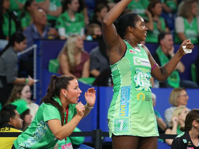 Kelsey Browne and Jhaniele Fowler-Nembhard of the Fever react from the bench. Picture: Getty Images