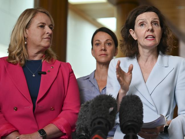 CANBERRA, AUSTRALIA, NewsWire Photos - NOVEMBER 28, 2023:  Kylea Tink, Sophie Scamps, Allegra Spender, Kate Cheney and other Teal independents hold a press conference at Parliament House in Canberra. Picture: NCA NewsWire / Martin Ollman