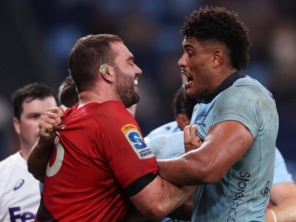 Crusaders’ Antonio Shalfoon and Waratah Miles Amatosero exchange heated words. Picture: Getty Images