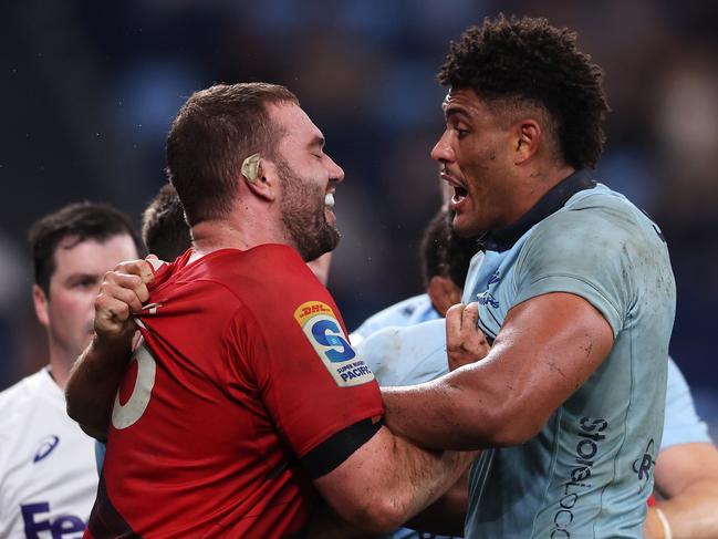 Crusaders’ Antonio Shalfoon and Waratah Miles Amatosero exchange heated words. Picture: Getty Images