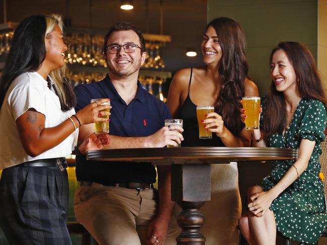 11/2/22 WEEKEND TELEGRAPHS SPECIAL. MUST NOT USE BEFORE CLEARING WITH PIC EDITOR JEFF DARMANIN. Government set to reduce the price of draught beer. Drinker \\s at thew Commodore Hotel in North Sydney pictured L to R, Maureen Sue, Matthew Trevitt, Geena Values and Amy Chang. Picture: Sam Ruttyn