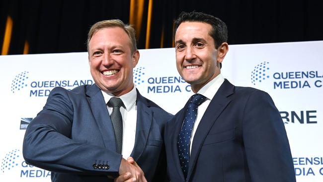 Steven Miles and David Crisafulli at the Queensland Media Club’s leaders’ debate. Picture: John Gass