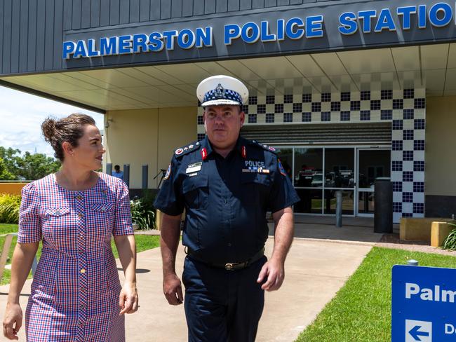 Chief Minister of the Northern Territory Lia Finocchiaro and Acting Police Commissioner Martin Dole APM at the Palmerston Police Station. Picture: Pema Tamang Pakhrin