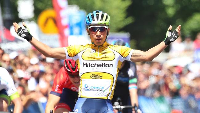 Caleb Ewan wins the stage and the overall event for elite men during the criterium, stage 4 of the 2016 Mitchelton Bay Cycling Classic on Monday, January 4, 2016, in Williamstown, Victoria, Australia. Picture: Hamish Blair