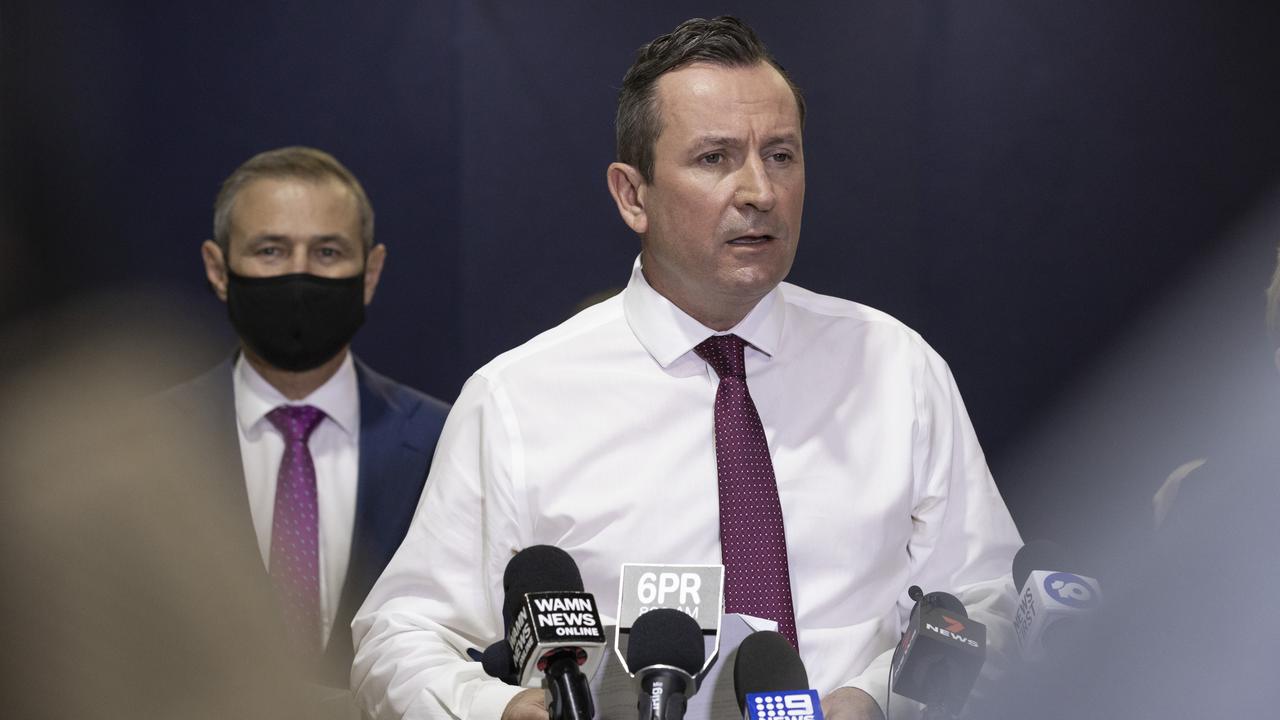 PERTH, AUSTRALIA - APRIL 28: WA Premier Mark McGowan is seen speaking to media at the opening of the Claremont Showgrounds Covid-19 Vaccine Centre on April 28, 2021 in Perth, Australia. Premier Mark McGowan has announced the opening of two new COVID-19 vaccination clinics in Perth, open to eligible Western Australians at the Claremont Showgrounds and Perth Airport. (Photo by Matt Jelonek/Getty Images)
