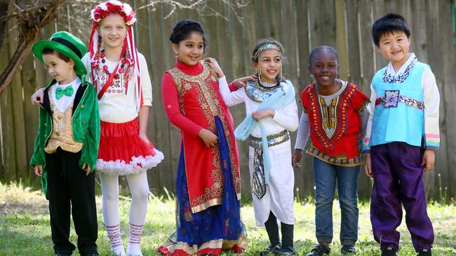 Students Johnny Martin, Sasha Sendeckaya, Sanah Pandey, Salma Abdelmoneam, Ethan Mathons and Minseok Jeongl at Hornsby South Public School’s annual Multicultural Day. Picture: Sue Graham