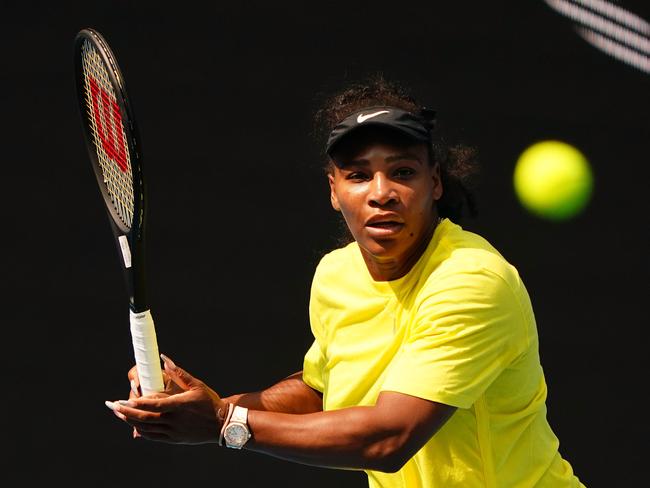 Serena Williams of United States plays a shot during an Australian Open practice session at Melbourne Park in Melbourne, Saturday, January 18, 2020. (AAP Image/Scott Barbour) NO ARCHIVING