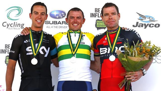 Simon Gerrans claims the national road race ahead of Cadel Evans (right) and Richie Port. Picture: Michael Klein