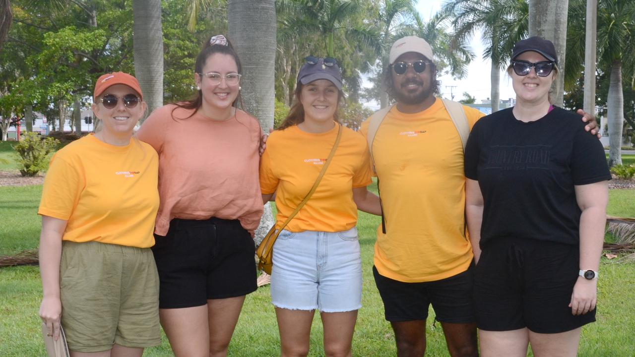 Megan Wason, Tiarna Gear, Emily Howell, Gideon Wason and Emylee Bolter in their Clothing the Gap shirts at Rockhampton's Invasion Day Rally 2021