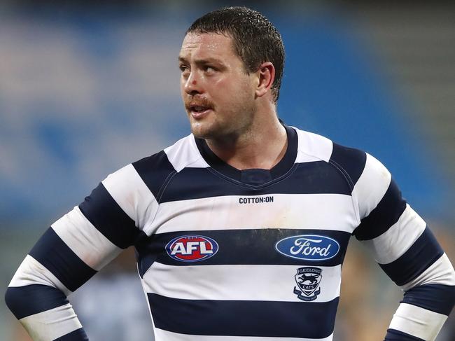 Jack Steven of the Cats looks dejected after a loss during the Round 3 AFL match between the Geelong Cats and the Carlton Blues at GMHBA Stadium in Melbourne, Saturday, June 20, 2020. (AAP Image/Dylan Burns) NO ARCHIVING, EDITORIAL USE ONLY