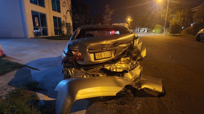 A car in Coolum was found damaged after a hit-and-run, with the driver allegedly fleeing the scene. Photo: Lewis Jaenke