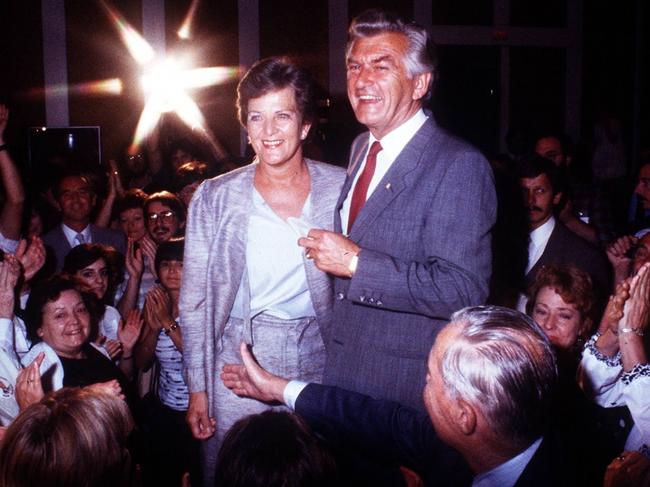 Prime Minister Bob Hawke with wife Hazel after his re-election in 1984. Picture: Brisbane Sun