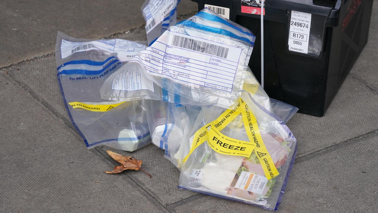 Evidence bags marked as a health hazard and containing produce injected with Mr Elghareeb’s blood. Picture: Jonathan Brady/PA Wire