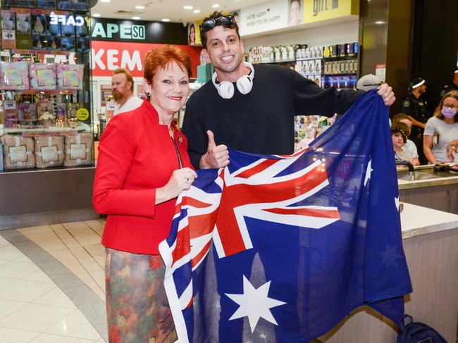 Pauline Hanson with Michael Frawley during a walk around an Adelaide shopping centre. Picture: NCA NewsWire/Brenton Edwards