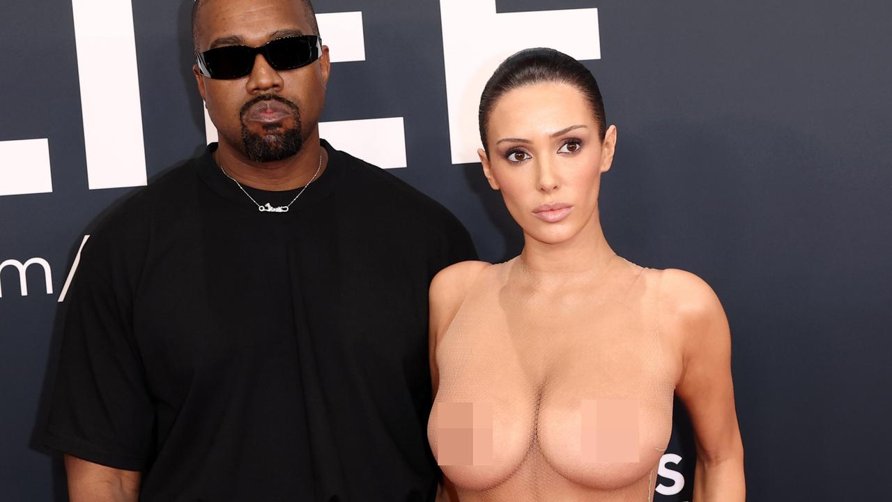 Kanye West and Bianca Censori attend the 67th Annual Grammy Awards on February 02, 2025 in Los Angeles, California. Image is pixelated. (Photo by Matt Winkelmeyer/Getty Images for The Recording Academy)