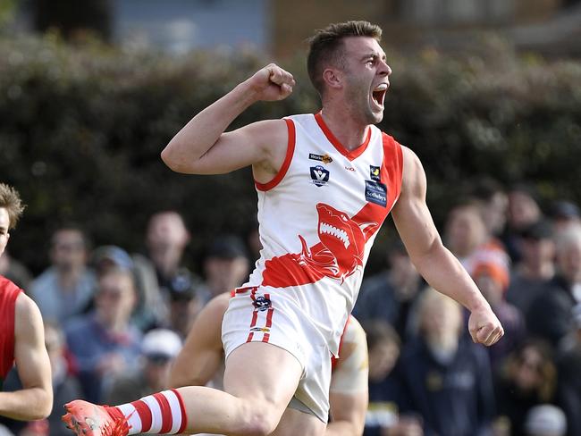 James Hallahan celebrates a goal during the MPNFL Division 1 grand final between The Pines and Sorrentoin Frankston, Sunday, Sept. 16, 2018. Picture: Andy Brownbill)