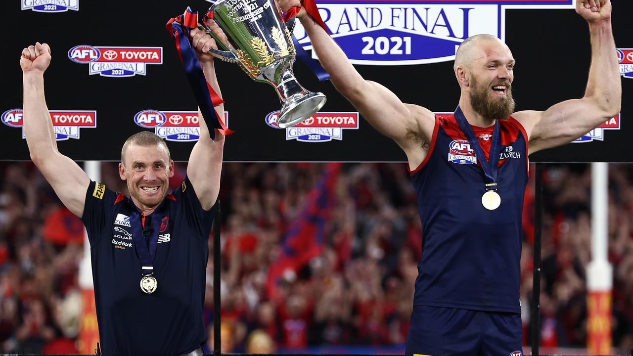 Simon Goodwin and skipper Max Gawn on the podium. Photo by Michael Klein