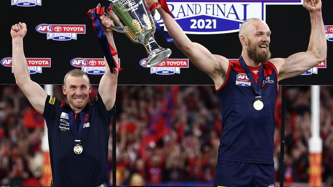 Simon Goodwin and skipper Max Gawn on the podium. Photo by Michael Klein