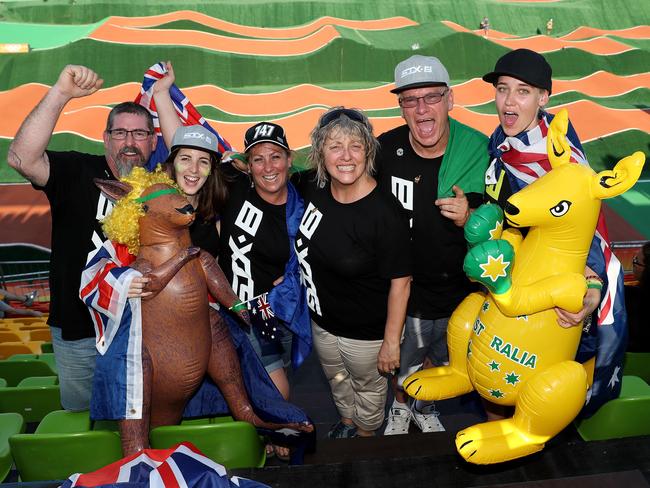 Rod Turner, Emma Chilman, Karen Turner, Gail Buchanan, Laurie Buchanan, and Emma Pattinson in the crowd cheering the riders on during the BMX seeding run at the Olympic BMX Centre in Deodoro. Picture: Adam Head