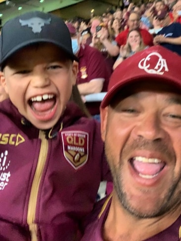 Symonds with his son Billy who he took to an Origin Game for his birthday a couple of years ago. Picture: Instagram